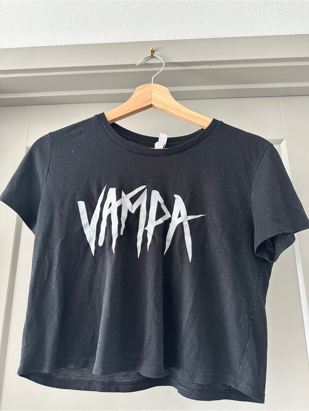 Black Crop Tee with White 'VAMPA' Script
